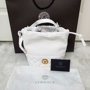 NWT VERSACE White Lambskin Leather Medusa Head Crossbody Bucket Drawstring Bag